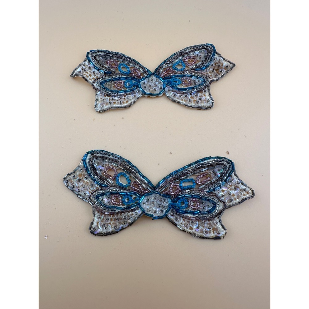 Vintage 1950s Sequin Butterfly Appliques Handmade Beaded Lace 2pc Set Blue Pink